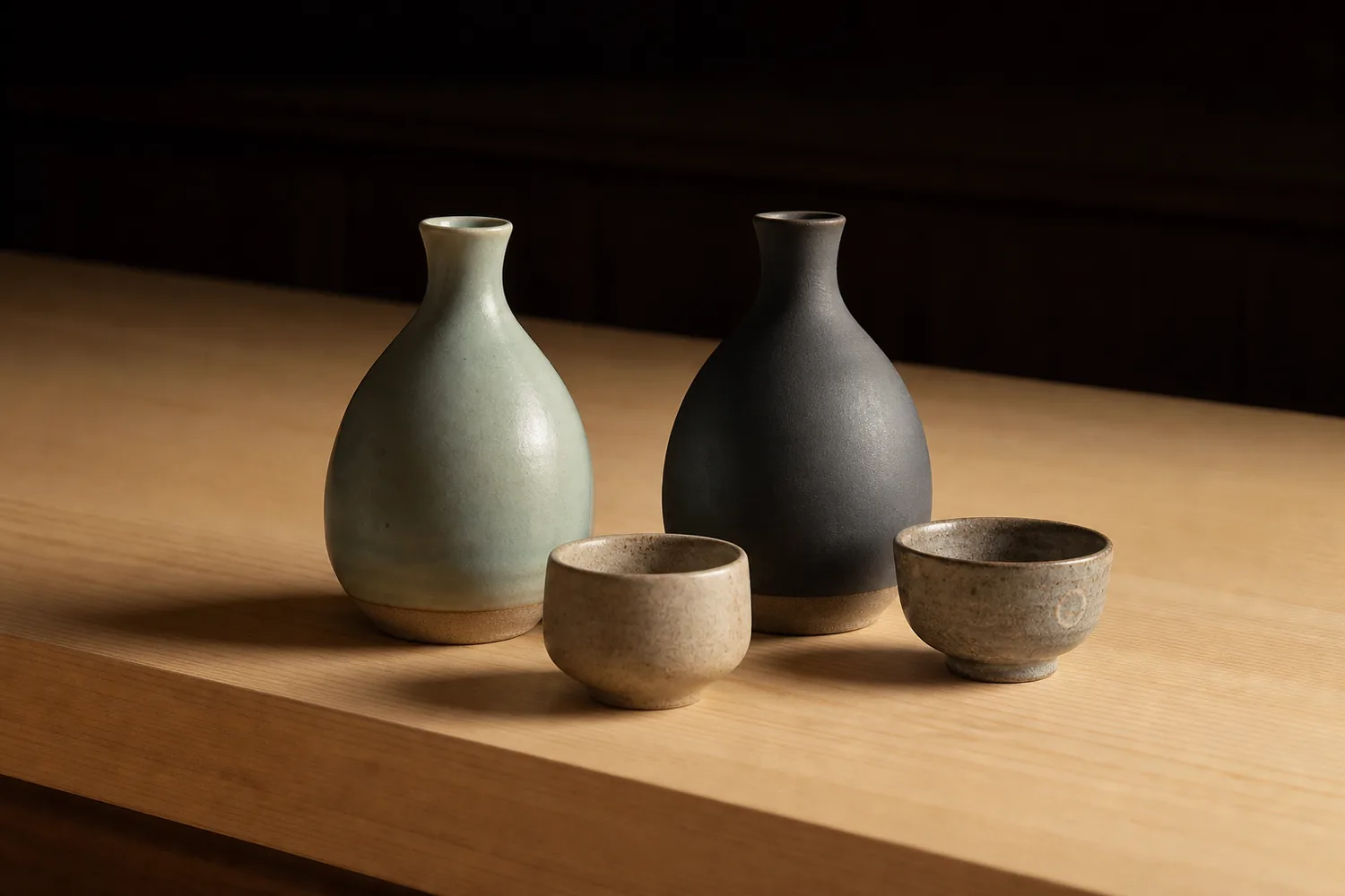 Ceramic sake flasks and cups on the hinoki counter in warm side light