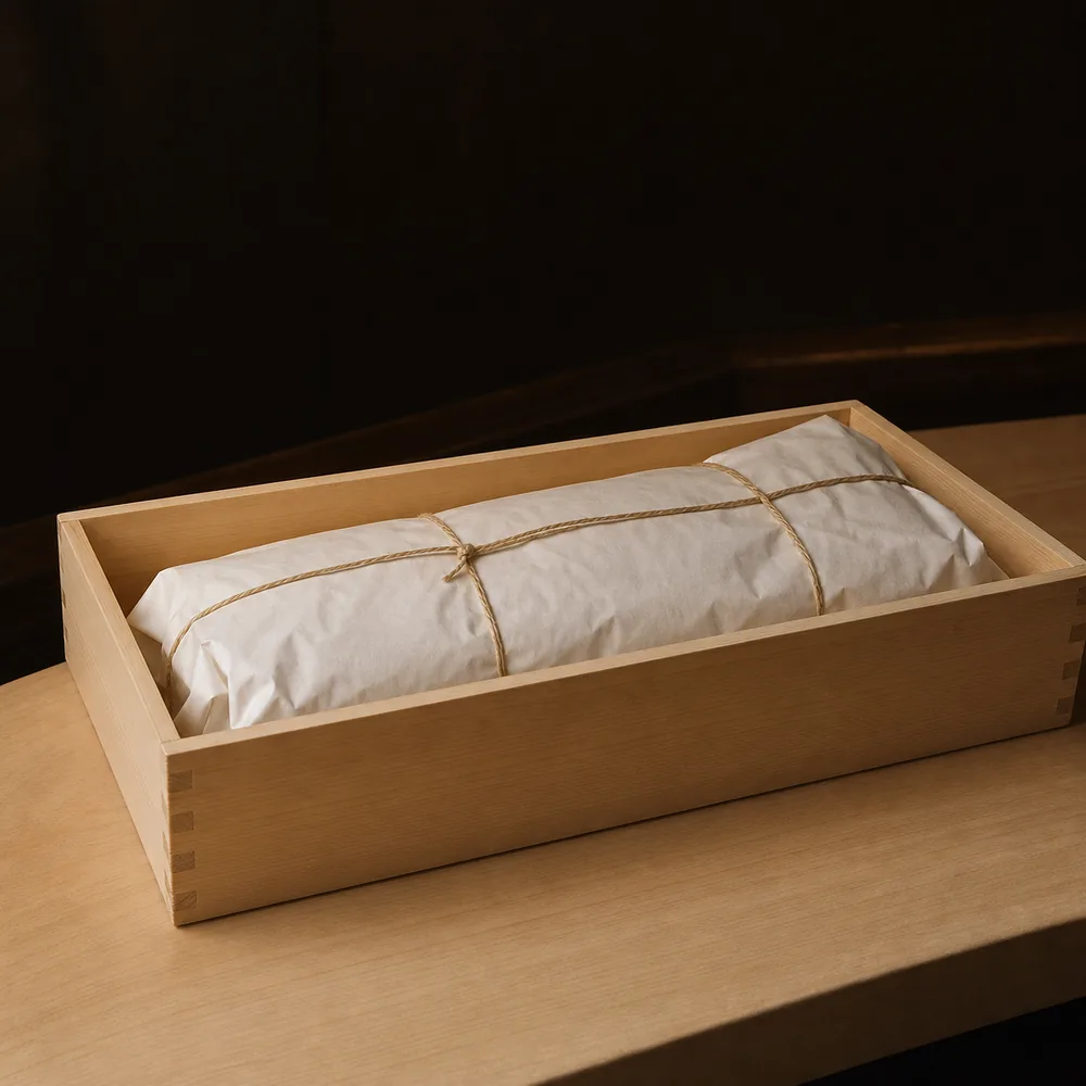 A loin of tuna wrapped in white paper and tied with twine, resting in a wooden box on the counter