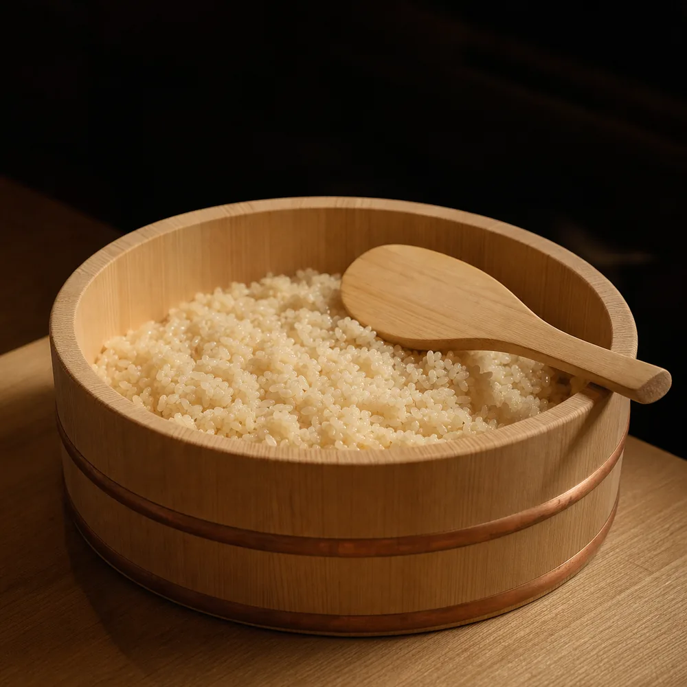 A wooden hangiri tub of freshly seasoned sushi rice, a flat paddle resting across its rim, in warm light