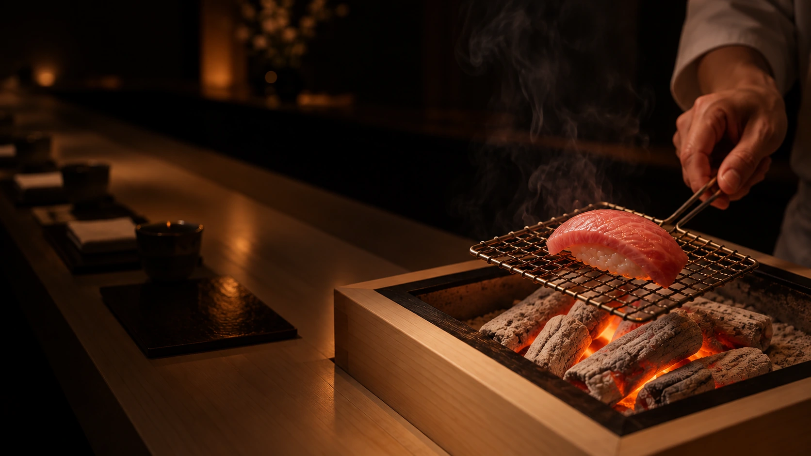 A chef's hand holding a wire grate of chū-toro nigiri over white binchotan glowing in a hinoki box, the counter running off into the dark